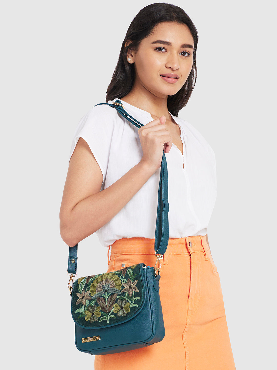 Caprese Tresna Large Embroidery Green Sling Bag - Image 10