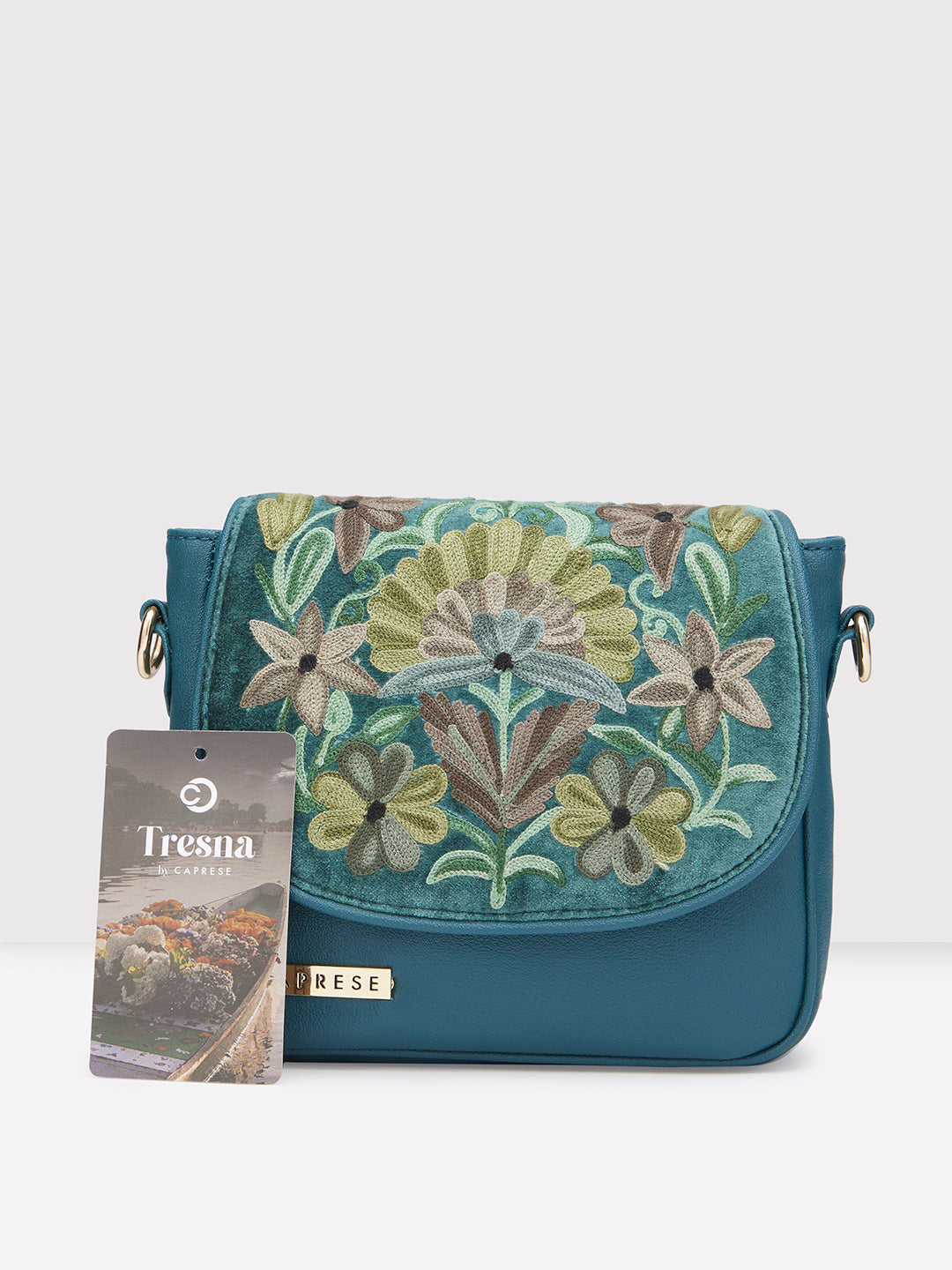 Caprese Tresna Large Embroidery Green Sling Bag - Image 3