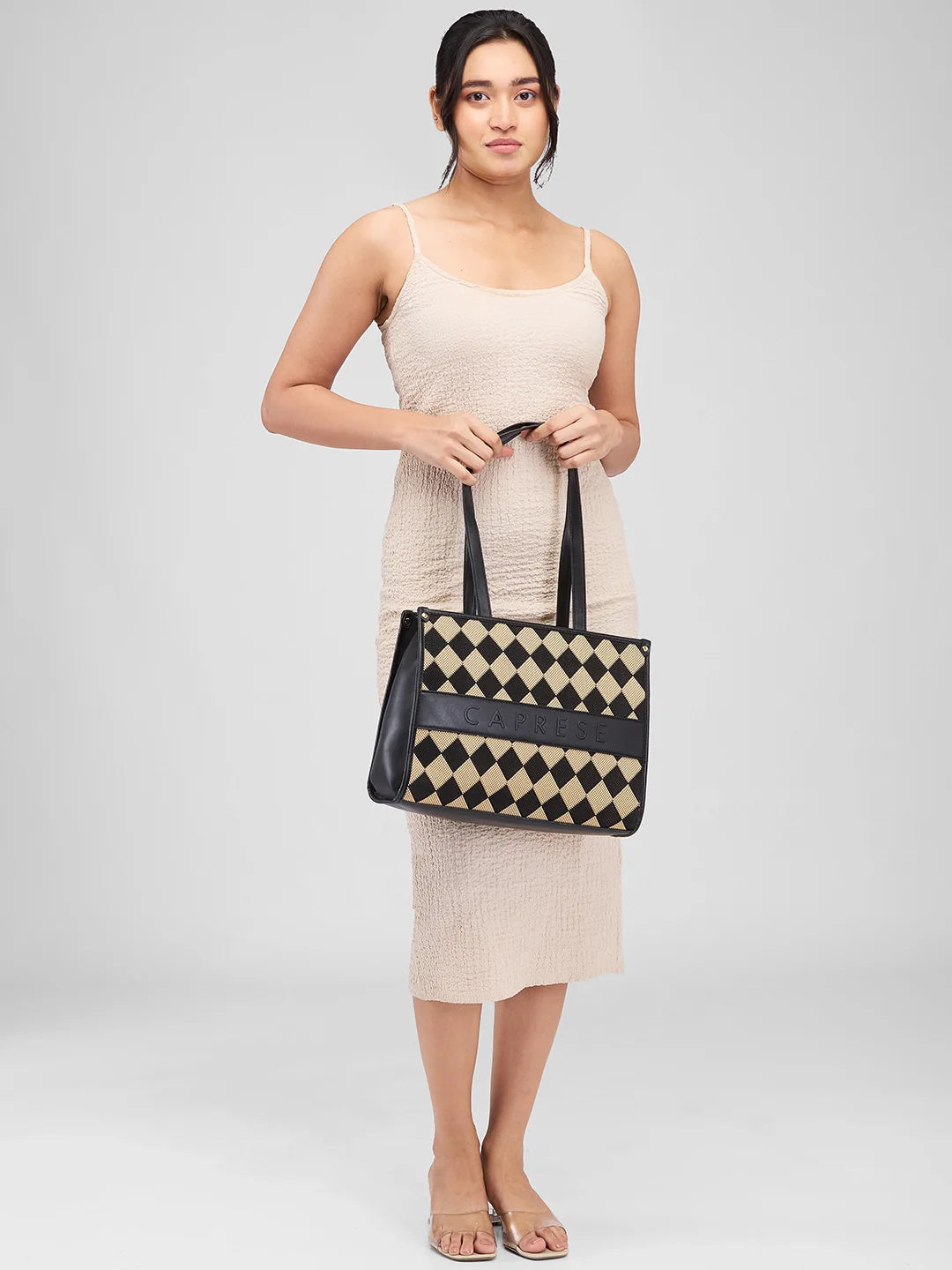 Caprese Checker Medium Black Tote Bag - Image 10